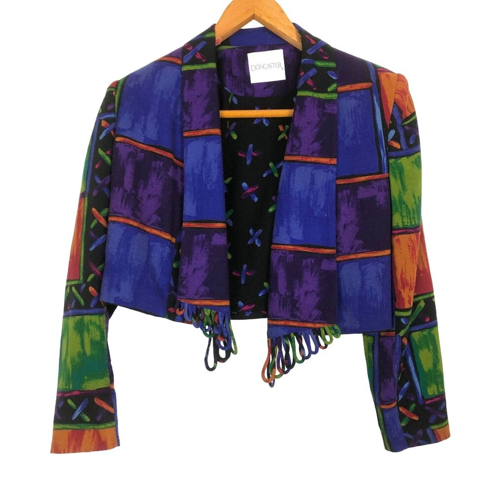 Vtg Doncaster Cropped Open Jacket Sz 4 Fringe Hem Vibrant Multicolor Pattern